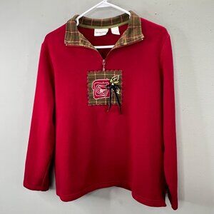 Breckenridge Woman Sweatshirt 1X Red 1/4 Zip Rose Applique Plaid Collar Grandma